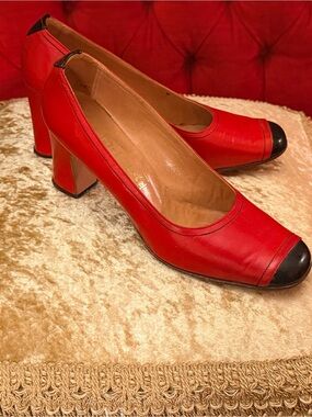 Timeless Classic Red Leather Block Heel Pumps with Black Cap Toe Made in Spain